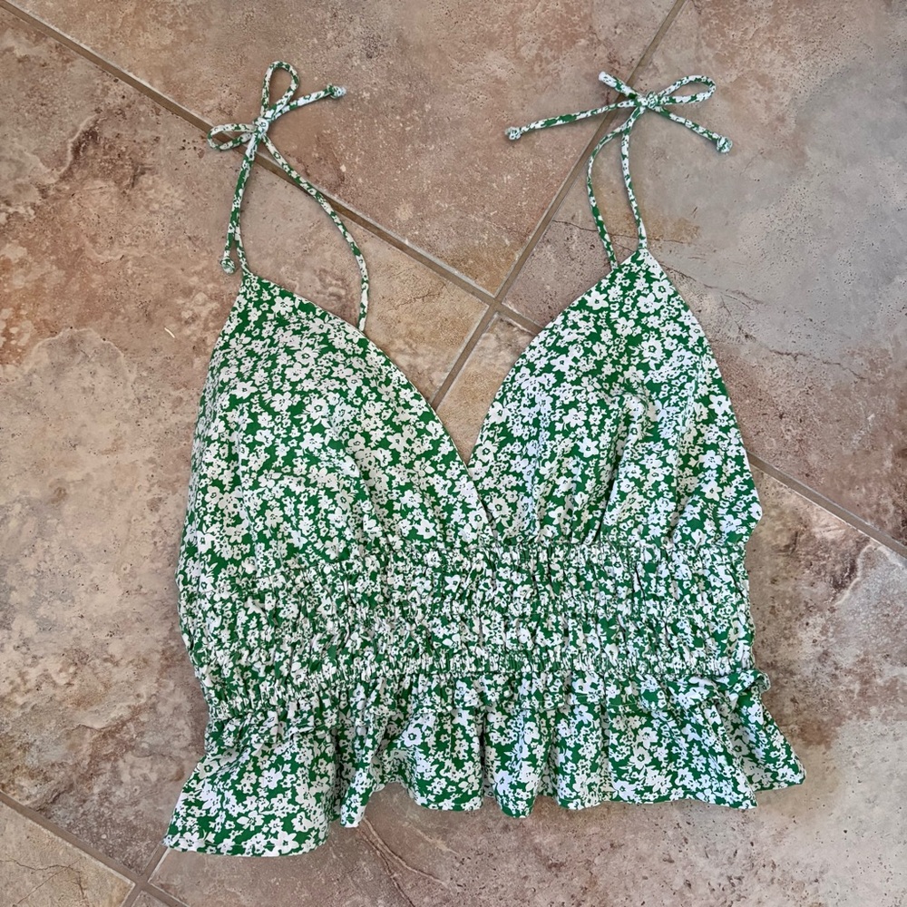 Sim & Sam Green Floral Spaghetti Strap Crop Top Women’s XL Plunging Boho Summer
